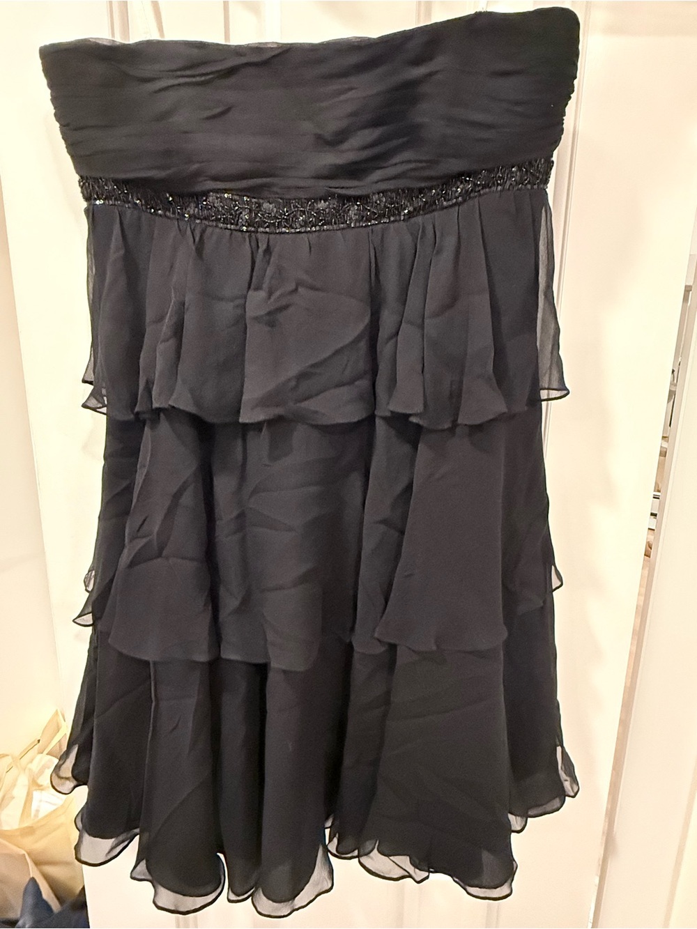 Marchesa Black Strapless Tiered Chiffon Dress with Beaded Waist